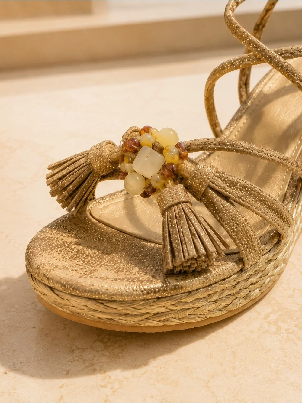 Stuart Weitzman Panache Gold Raffia Wedge Sandals Size 8 - Picture 2 of 10